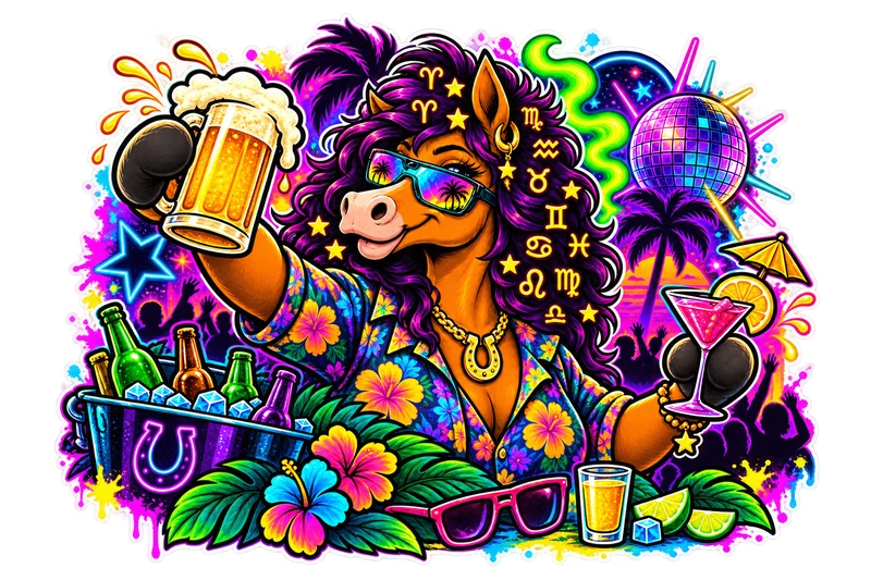 La cavalla della community brinda con una birra a una festa tropicale